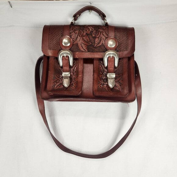 Nacona Leather Shoulder Satchel Briefcase Messenger Bag Western Tooled Buckles - Picture 1 of 11